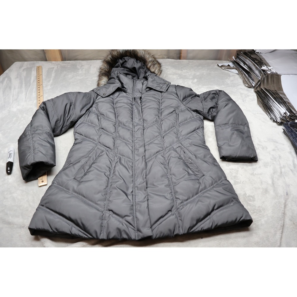 Marc New York Down Jacket Womens Large Grey Faux Fur Trim Puffer Stylish Warm‎